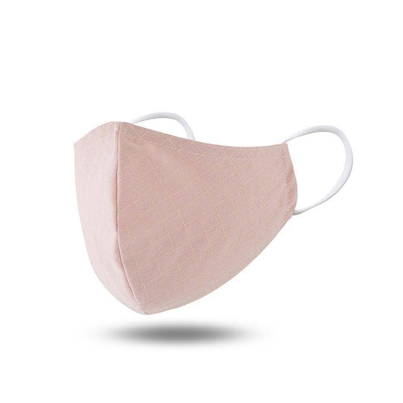adult light pink face mask with white strips. white adjustable ear straps.  three layers & include two filters with purchase. ships from addison texas.