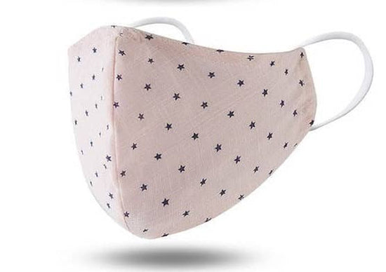 adut face mask light pink with black stars.. white ear straps. three layers. filter pocket. 2 filters included with purchase. ships from addison texas