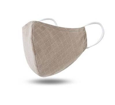 adult face mask. tan with white strips. white ear straps. three layers of proctection, filter pocket. two filters included with purchase. ships from addison texas